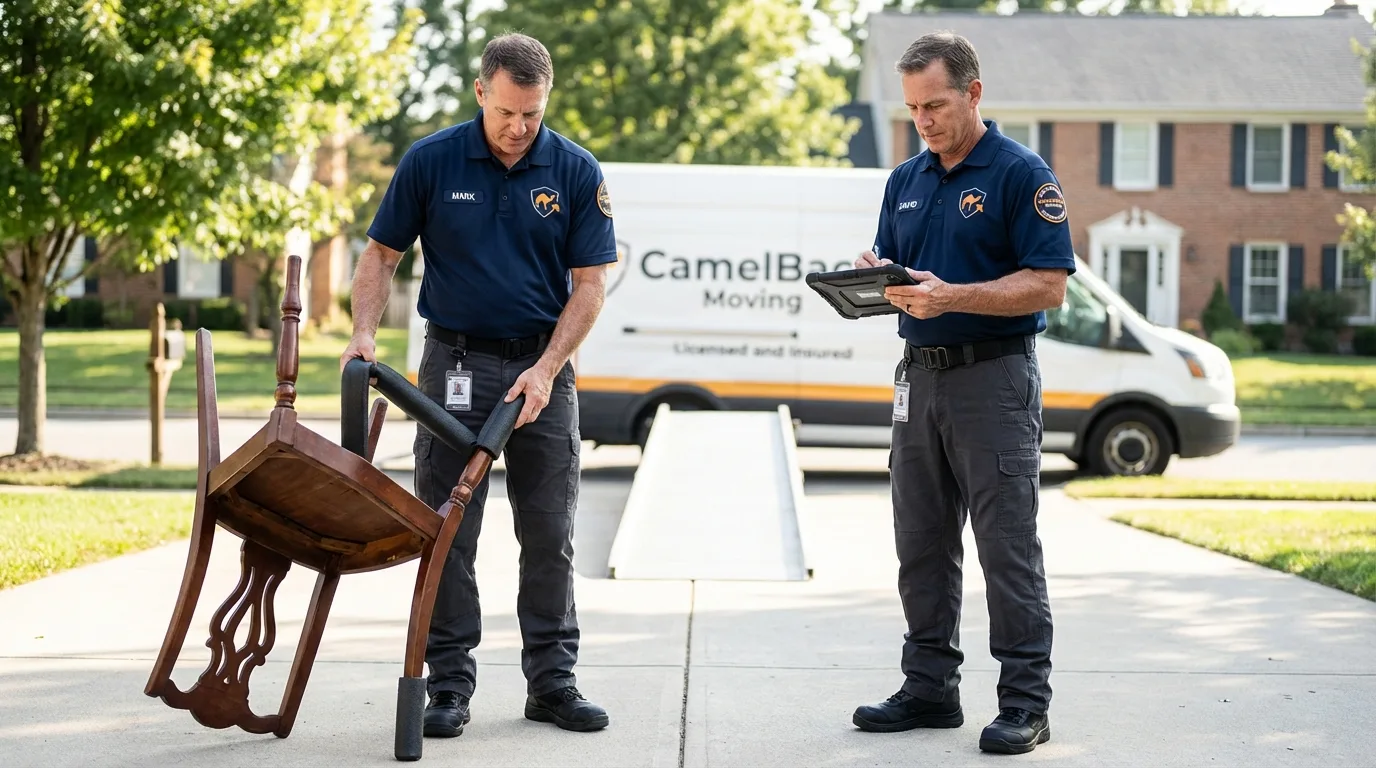 Movers inspecting furniture for damage prevention before loading in Norristown, PA