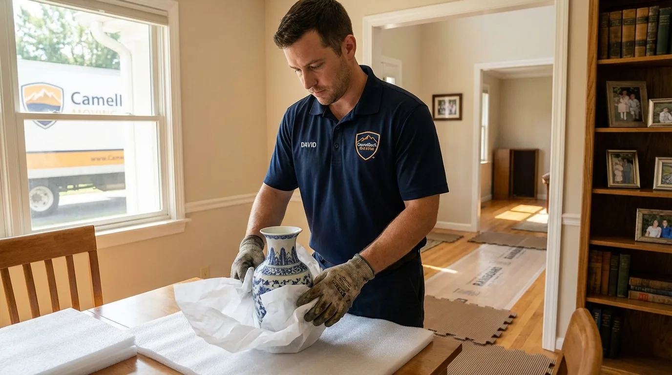 Professional crew carefully wrapping antique vase for senior downsizing move in Norristown, PA